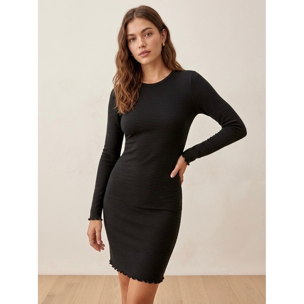 Abercrombie & Fitch Black Ribbed Long Sleeve Lettuce Edge Mini Dress Small Tall